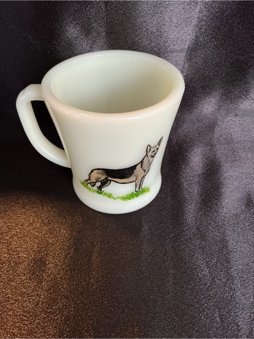 Fire King Milk Glass Mug with Hand Painted German Shepard